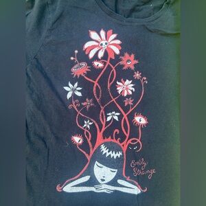 Emily the Strange -Black Short Sleeve Graphic T w/ Red & White Floral Art- Large